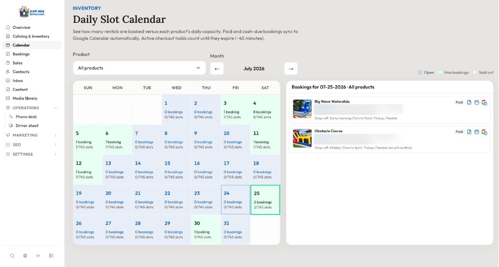Daily slot calendar admin view