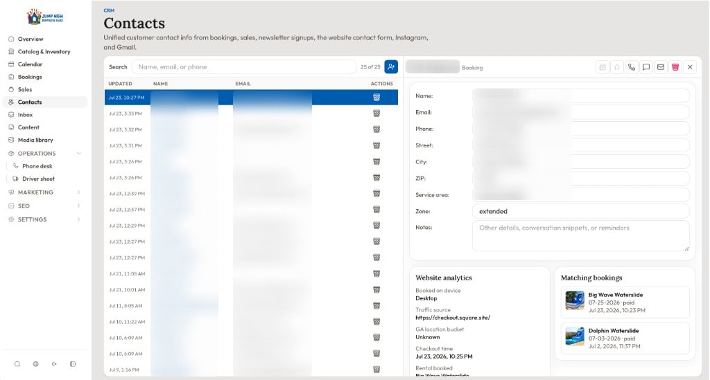 CRM contacts admin view