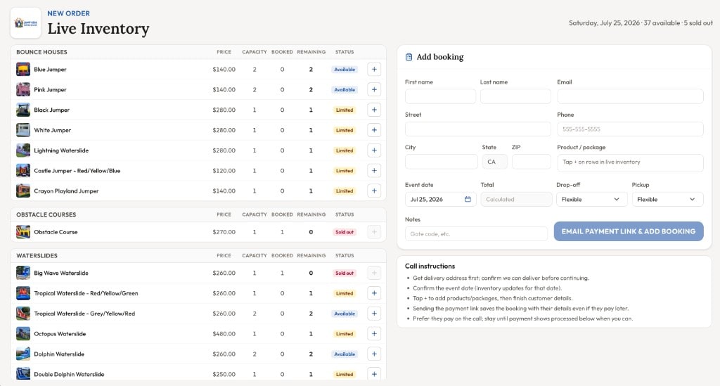 Live inventory and phone orders admin view